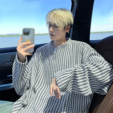 美式高街千鸟格子长袖T恤男女亨利V领英伦雅痞休闲宽松长袖打底衫，男装T恤，电商A443