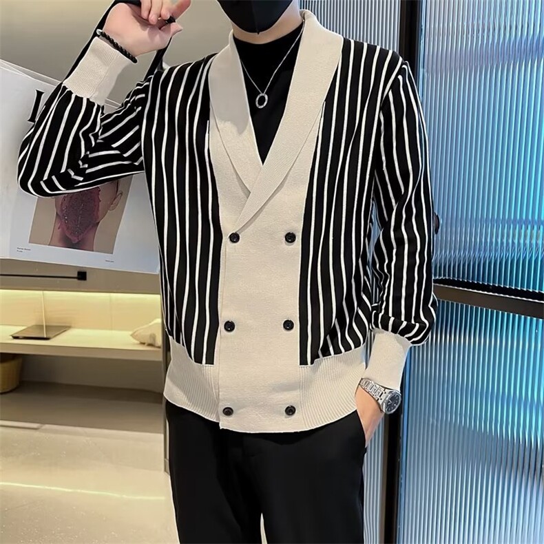 开衫男针织毛衣潮牌设计感V领宽松外套时尚网红潮流条纹线衣Q220,男装针织衫/毛衣,星座1116A-2（原606A-1）
