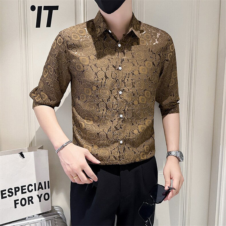 店主风社会小伙男士新款提花七分袖衬衫男衬衣301A-1/CS588/P55,男装衬衫,星座301A-1