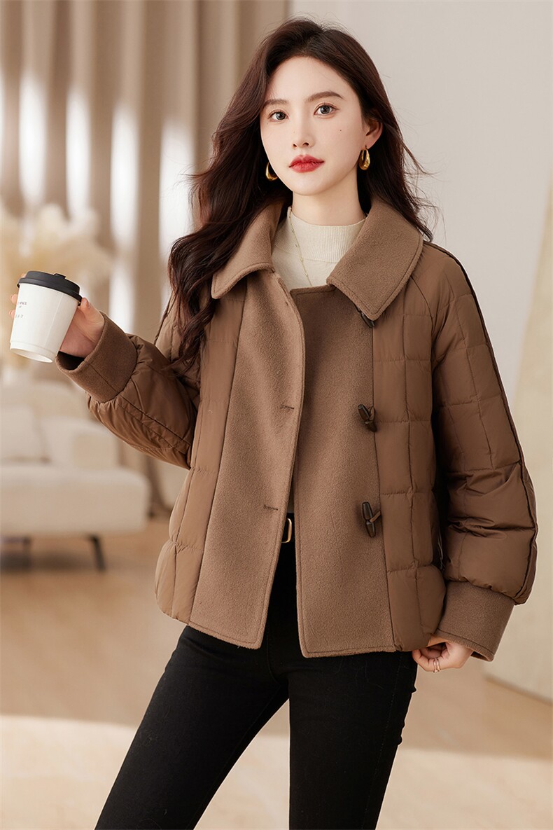 时尚毛呢拼接羽绒服女2023新款冬季宽松保暖白鸭绒短外套冬装,女装羽绒服,衣之秀