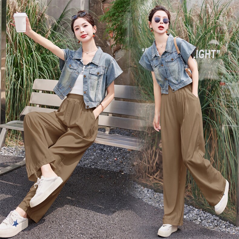 档口现货2024年夏季休闲/淑女新款牛仔两件套套裤,女装套装/套裙,靓星雨