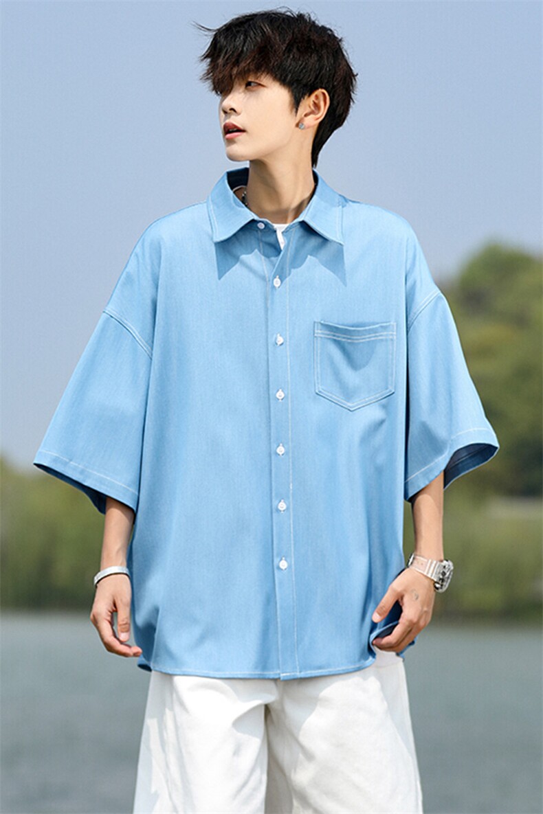 8XL-M冰丝牛仔短袖衬衫男款夏季薄款宽松慵懒衬衣外套DC28006P60,男装T恤,电商B312