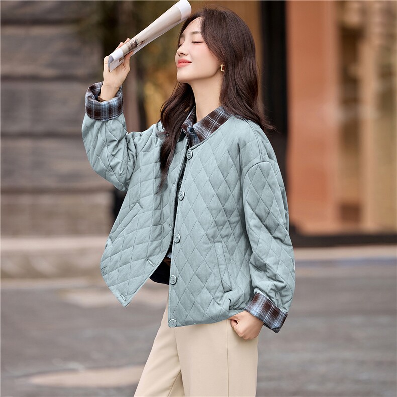 2025年冬季格子翻领假两件菱形格夹棉棉服短外套开衫上衣,女装棉衣/棉服,简韵佳