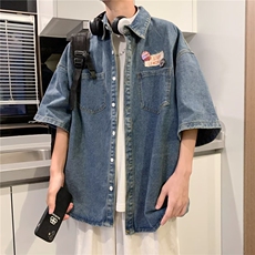 牛仔衬衫男短袖韩版潮流贴标帅2026夏季新款ins宽松外套CY281-P51，男装衬衫，星座412