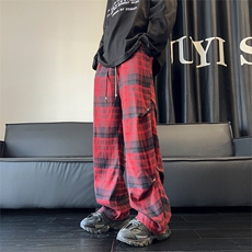 春季复古格子裤褶皱伞兵休闲裤直筒拖地裤A486特P45控68，男装休闲裤，电商A309