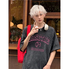 抖音得物供货240克重磅现货宽松美式纯棉水洗做旧印花T恤ATSX06，男装T恤，电商A443