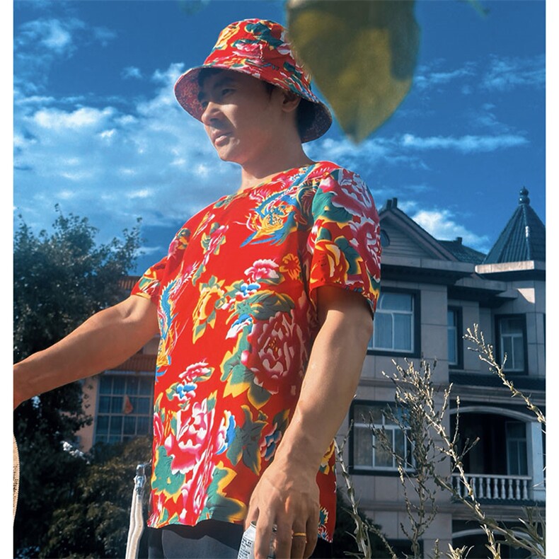 HT203夏男休闲东北大花民族风牡丹花圆领短袖T恤青少年大码男女潮，男装T恤，星座115A-2