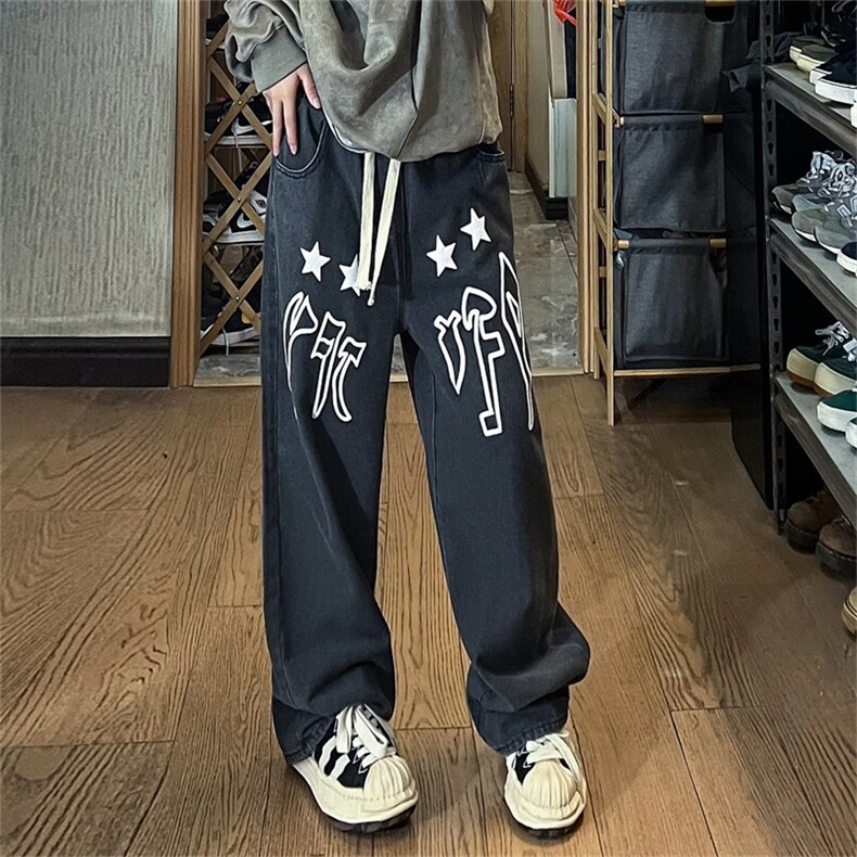 港风气泡符文字母牛仔裤秋季潮牌宽松休闲长裤男女情侣NK806-P45,男装牛仔裤,星座1008-2