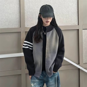 重磅秋冬北极绒开衫毛衣美式复古休闲慵懒风撞色立领针织衫外套图片