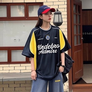 夏季美式复古拼接撞色字母印花短袖T恤男运动球衣机车骑行服上衣
