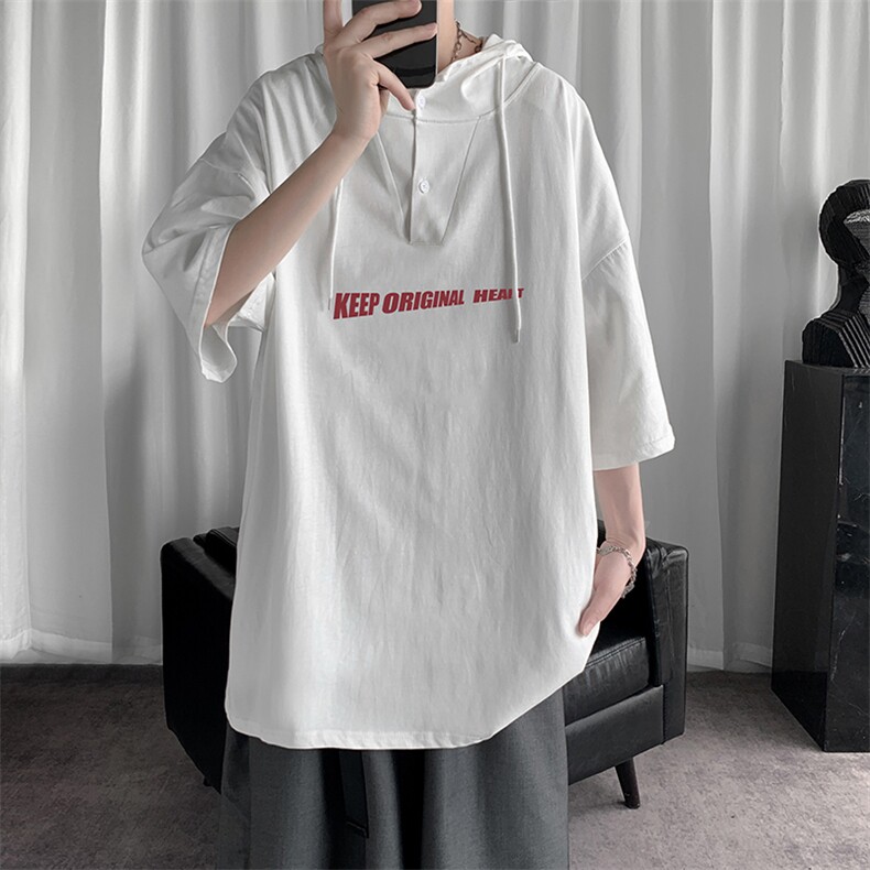 LD54071-P45 连帽短袖t恤男大码胖子带帽五分袖中袖图片