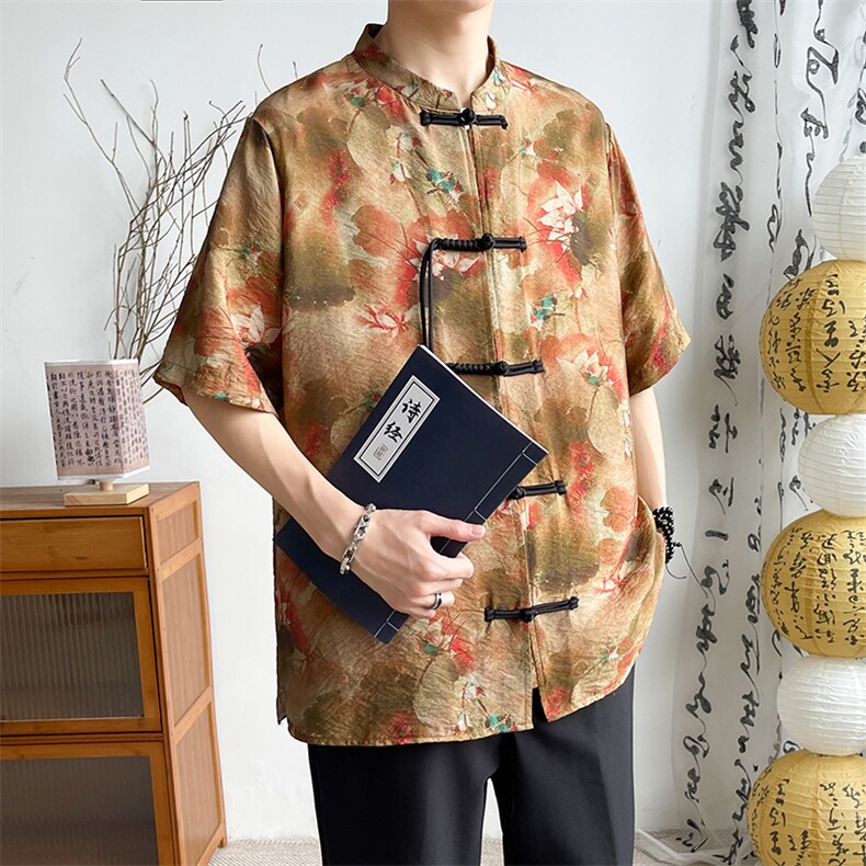 新中式提花风潮T恤短袖大码花色盆扣汉服时尚唐装T2411-P58,男装T恤,电商A227