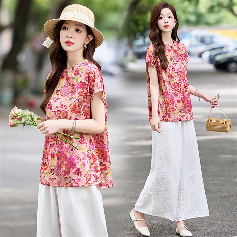 新中式风套装女2025夏新款印花盘扣旗袍上衣阔腿裤两件套，女装套装/套裙，木橙西子