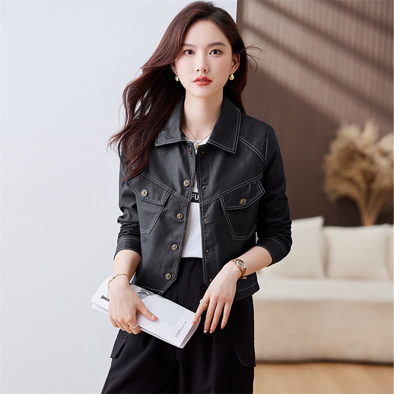 皮衣外套女2023年秋冬新款水洗皮机车服显瘦pu皮夹克韩版短外套潮,女装皮衣,江南女神