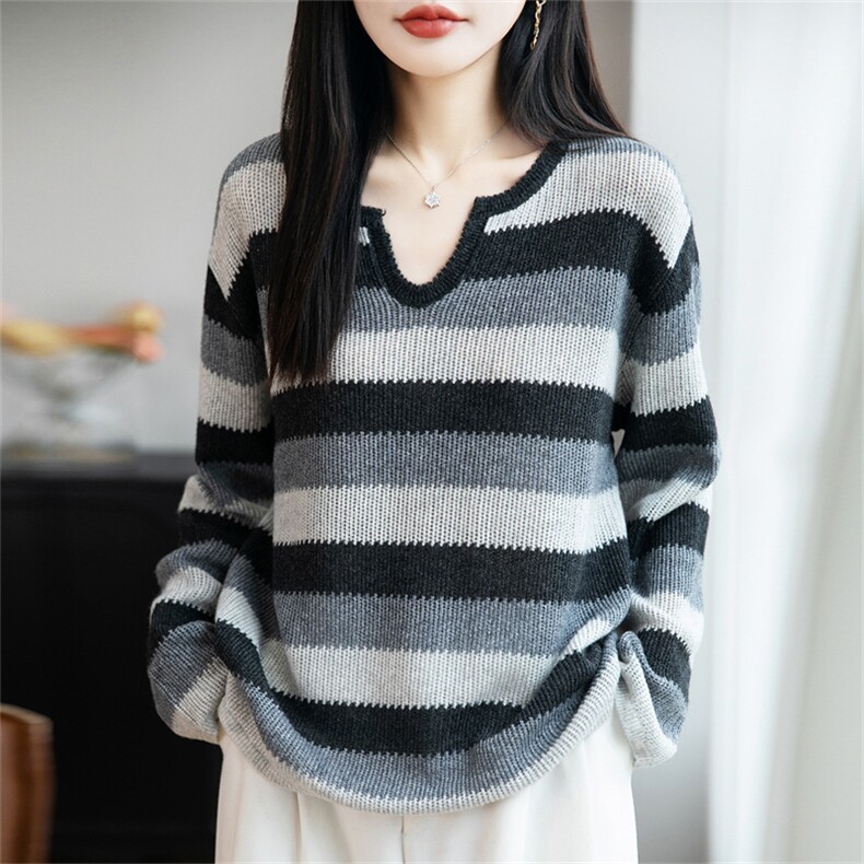 法式慵懒条纹针织毛衣女2025新款剪刀领复古宽松加厚羊毛打底毛衫,针织衫/毛衣,郡淞羊绒