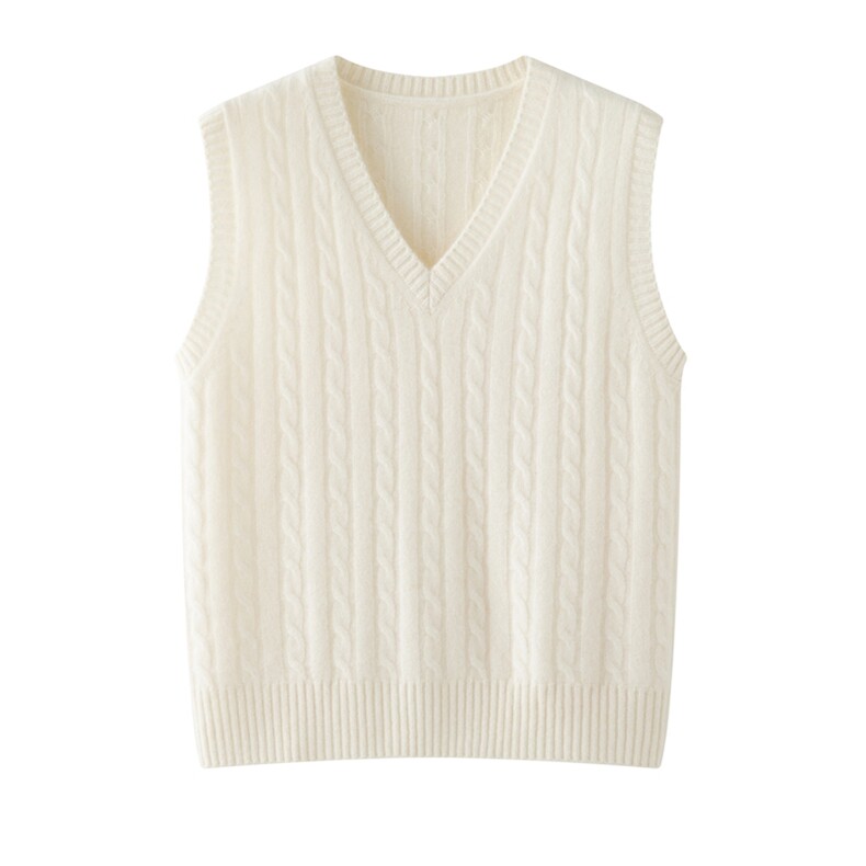 气质叠穿~灰色麻花山羊绒马甲女V领针织背心坎肩2025新款套头毛衣，女装针织衫/毛衣，绒创羊绒