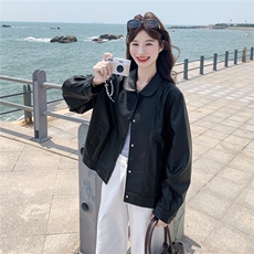 美式复古娃娃领皮衣外套女秋季2025新款黑色甜酷风简约皮夹克上衣，女装皮衣，2C217