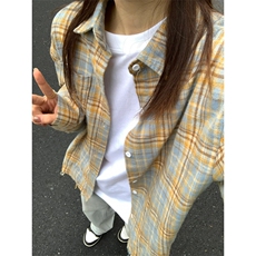 现货黄蓝格子长袖衬衫男美式格纹衬衣小众设计情侣外套K342-P45，男装衬衫，星座1007（原301D）