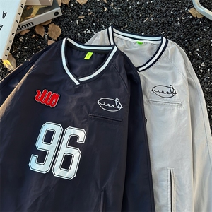 港风秋款男V领卫衣棒球服运动条纹夹克外套WY66 P45图片