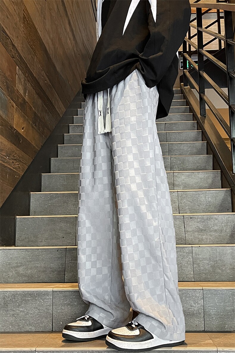 8XL-M特大码港风重磅棋盘格卫裤男士休闲运动裤直筒阔腿裤K961P60,男装休闲裤,电商D206-1