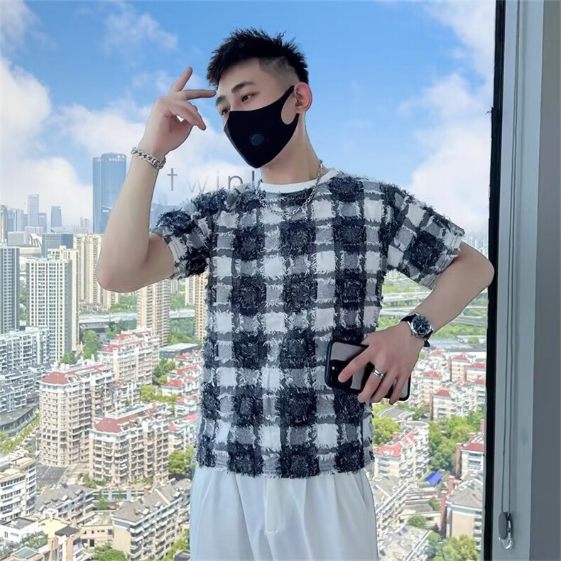 圆领短袖格子男夏季薄款新款内搭夏季打底衫T199,男装T恤,星座1116A-2（原606A-1）