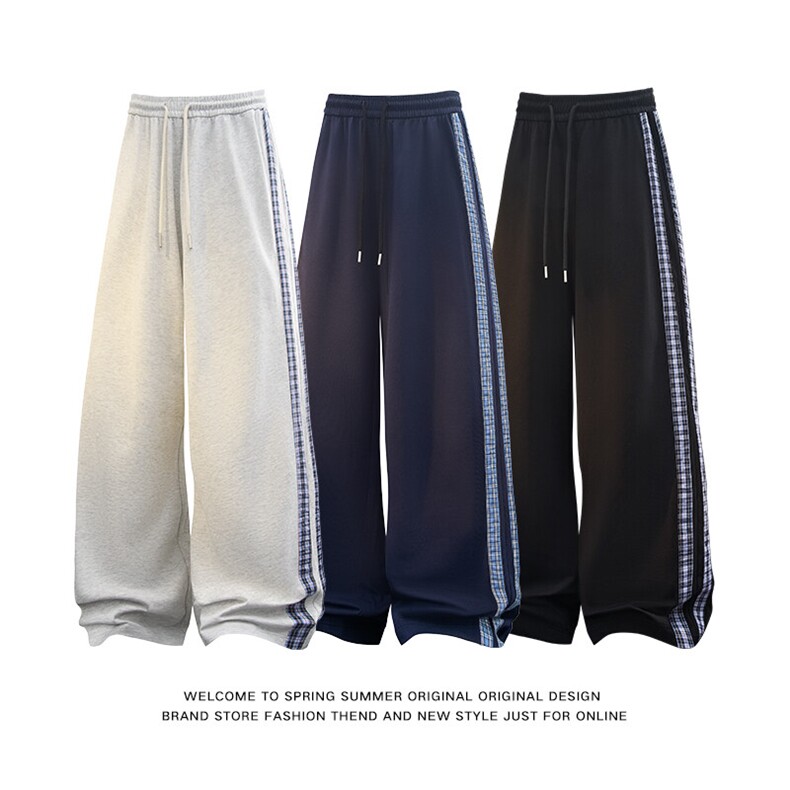 2025白底Cleanfit风格纹裤撞色拼接阔腿裤拖地裤卫裤CK2349-P45,男装休闲裤,星座717