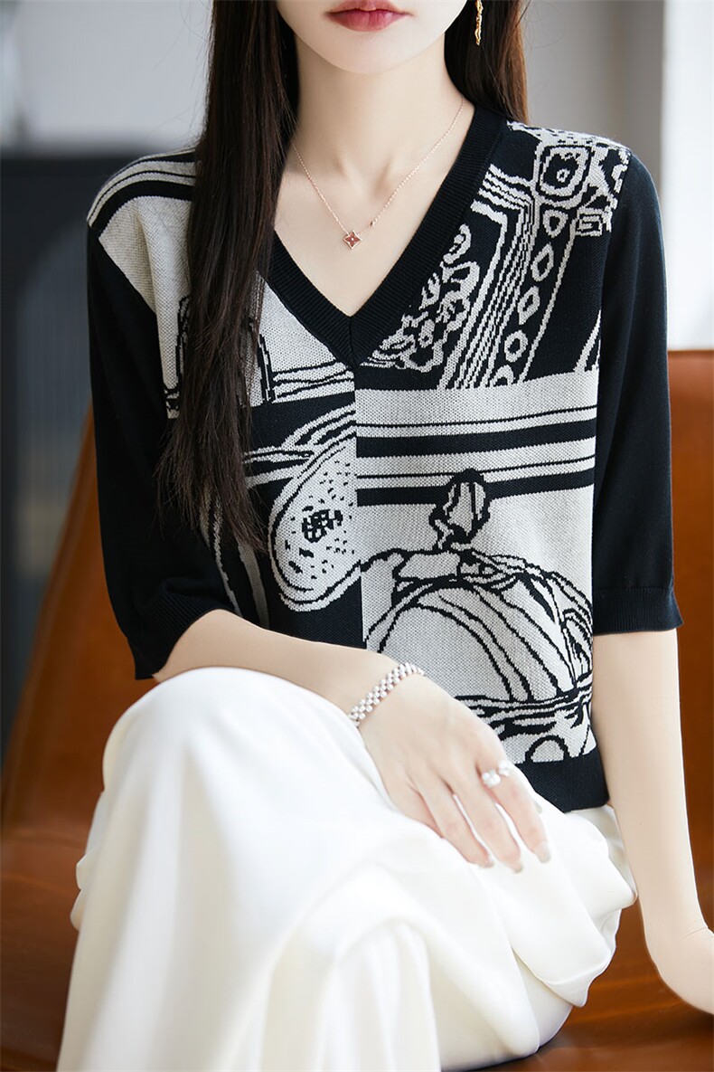 夏季天丝莱赛尔v领针织短袖t恤女提花宽松显瘦套头半袖打底衫上衣,针织衫/毛衣,唐诺