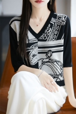 夏季天丝莱赛尔v领针织短袖t恤女提花宽松显瘦套头半袖打底衫上衣，女装针织衫/毛衣，唐诺