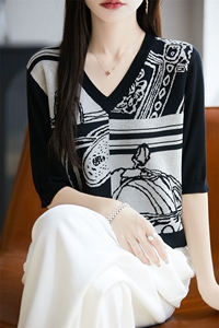 夏季天丝莱赛尔v领针织短袖t恤女提花宽松显瘦套头半袖打底衫上衣图片