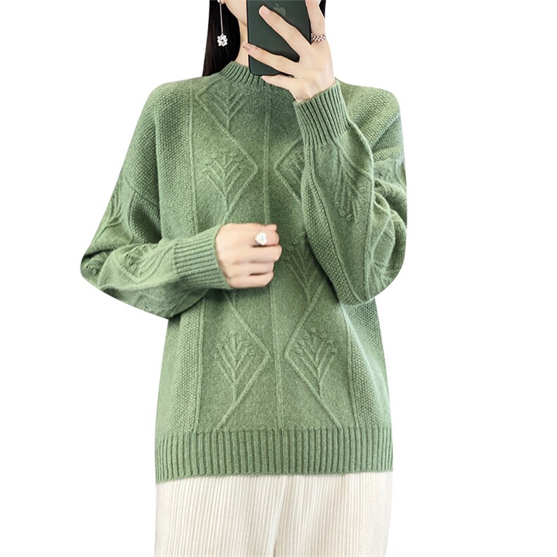 秋冬新款螺纹圆领疙瘩针树叉羊毛衫,女装羊毛衫,狄美羊绒