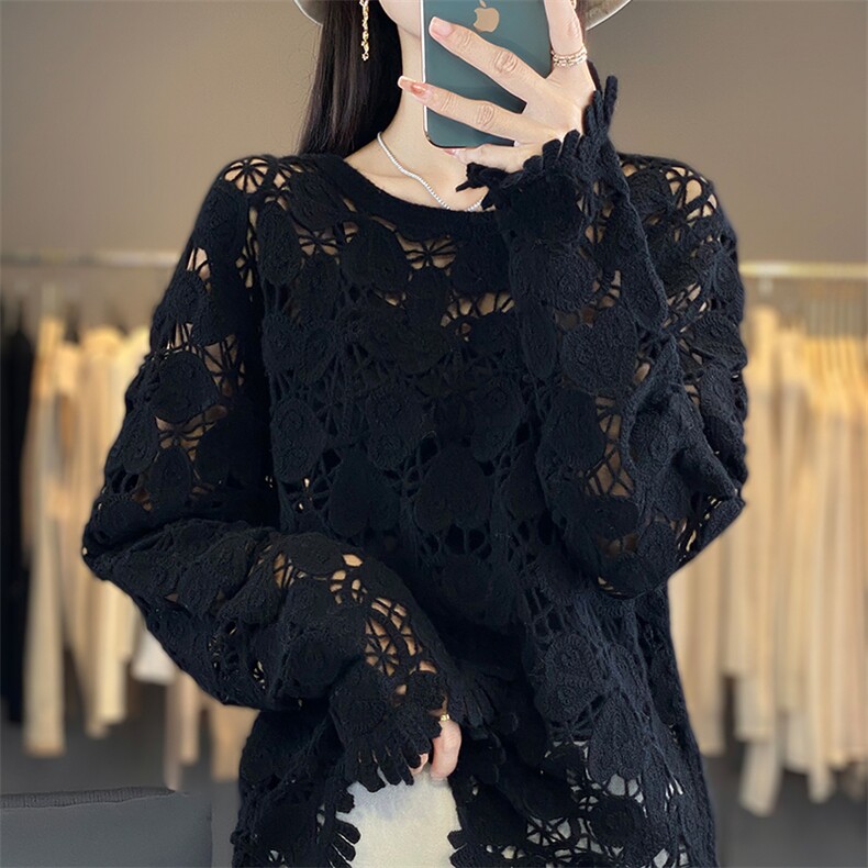 重工镂空钩花100%纯羊毛衫女圆领爱心刺绣长袖毛衣宽松慵懒羊绒衫,商品下架区,优麦羊绒（原洪叶羊绒）