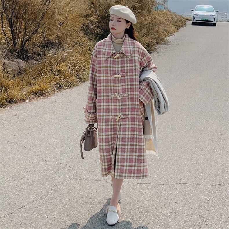 现货，2022新款粉色加厚格子长款毛呢大衣P185-K258，女装连衣裙，浙宝276（原081）