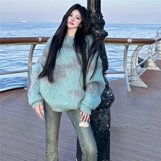 美式复古高街慵懒风拼色圆领印花毛衣男女高级感套头休闲中性上衣，男装针织衫/毛衣，星座506A