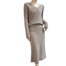 羊毛衫套装女秋冬宽松慵懒风V领抽条毛衣半身裙针织两件套，女装套装/套裙，君贝羊绒