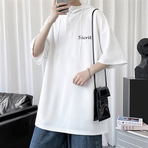 LD54098-P45 连帽短袖t恤男大码胖子带帽五分袖中袖图片