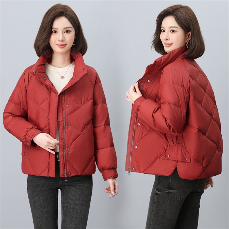红色立领羽绒服女2024冬季新款中年妈妈高端洋气小个子白鸭绒外套,女装羽绒服,木橙西子