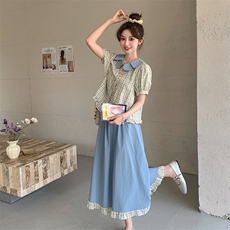 娃娃领衬衫半身裙套装女夏学院风流行超火两件套俏皮小个子爆款，女装套装/套裙，浙宝220
