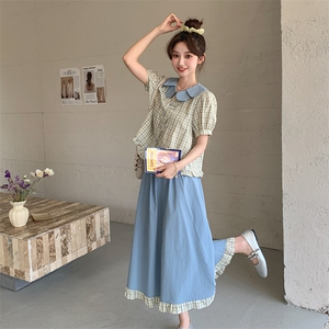 娃娃领衬衫半身裙套装女夏学院风流行超火两件套俏皮小个子爆款图片