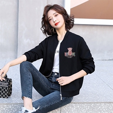 小个子短款棒球服女2025年春秋季新款百搭时尚小熊印花长袖外套，女装短外套，天丽