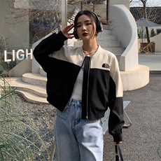2025春秋季新款设计感小众拼接撞色短款外套女春秋棒球服夹克上衣，女装短外套，天丽