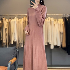 秋冬新款连衣裙女立领盘扣宽松气质羊毛针织过膝长裙，女装连衣裙，江南羊绒