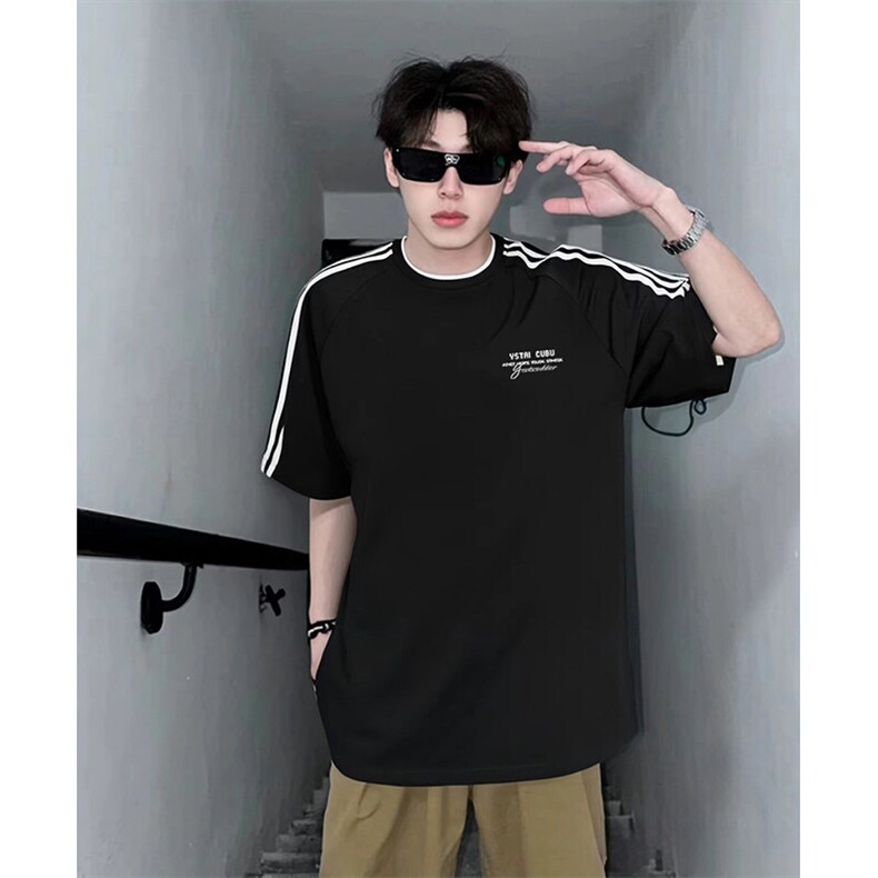 抖音得物高品质二开240克宽松纯棉美式潮牌三条杠织带短袖T恤，男装T恤，电商A486