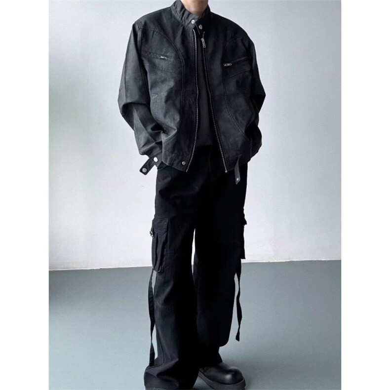 废土风重工PU皮衣夹克春做旧高级感美式街头短款外套男W6499-P92,男装夹克,星座412-1