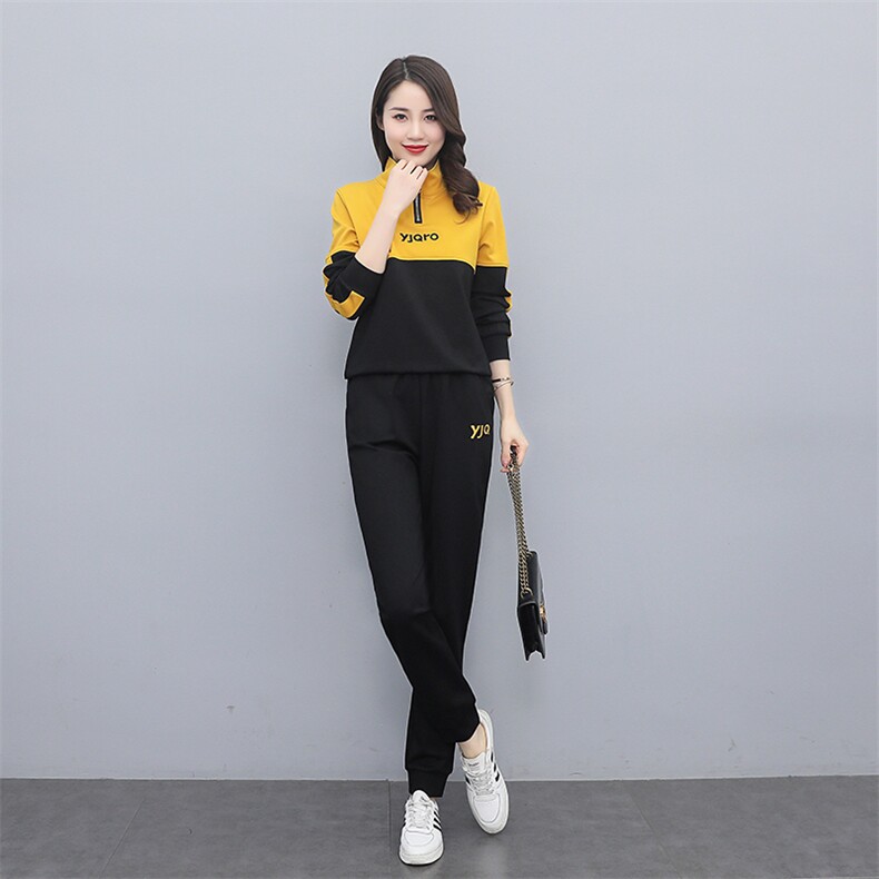 运动服套装女2024新款秋季休闲拼接撞色显瘦长袖卫衣卫裤两件套,女装套装/套裙,雅佳俏