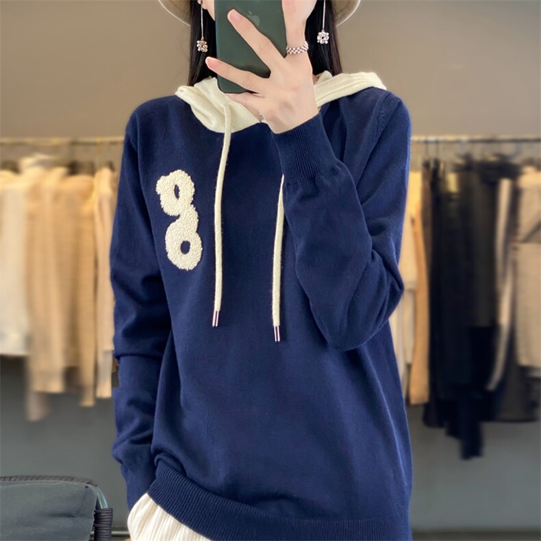 秋冬季新款拼色毛衣女长袖宽松显瘦百搭帽衫上衣图片