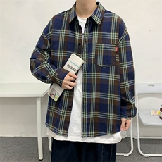 港风宽松复古长袖衬衫格子潮流休闲大码男士C751P32【特价】，男装衬衫，电商A007