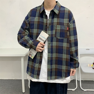 港风宽松复古长袖衬衫格子潮流休闲大码男士 C751 P32【特价】图片