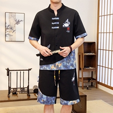 潮风套装男新中式短袖衬衫时尚休闲短裤两件套JZ307-P58，男装牛仔裤，星座310B-3