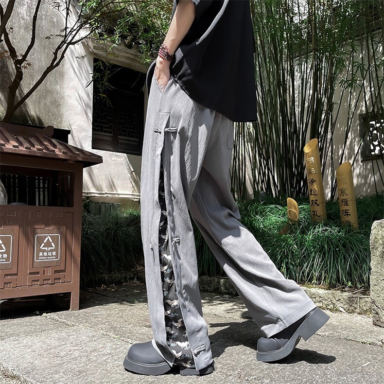新中式风盘扣休闲裤女夏季潮牌拼接设计感宽松阔腿直筒长裤子,男装休闲裤,星座505-2（原电商A260-1)
