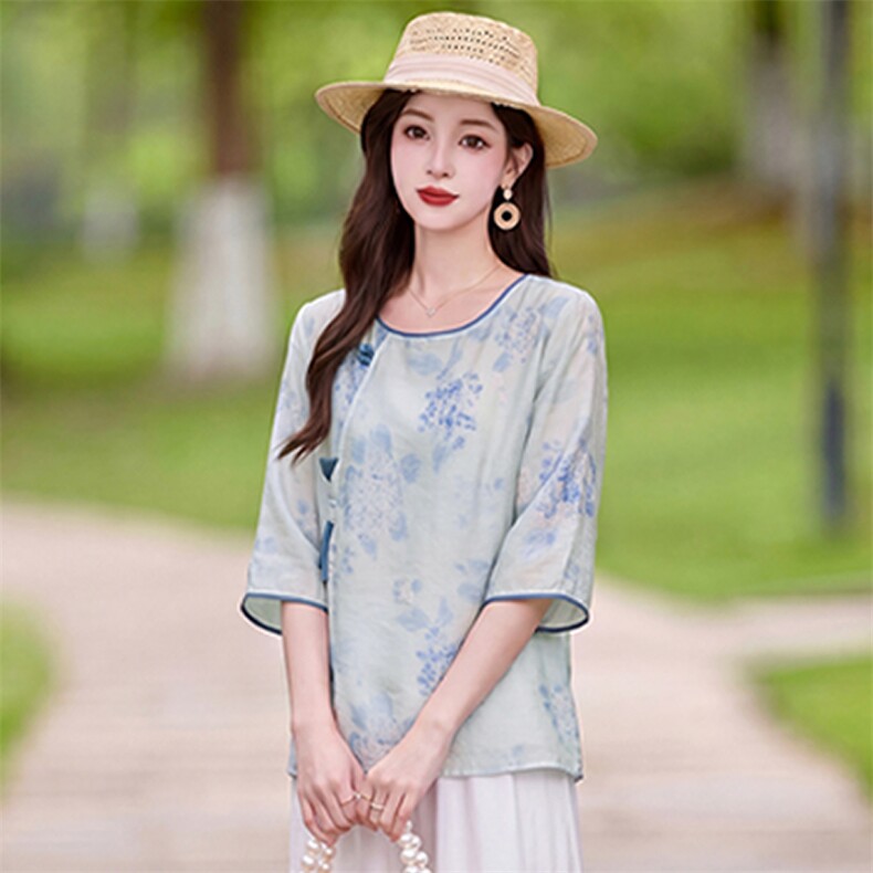 现货主推中式复古印花上衣阔腿裤两件套女新款宽松气质减龄套装,女装套装/套裙,韩蔻秀